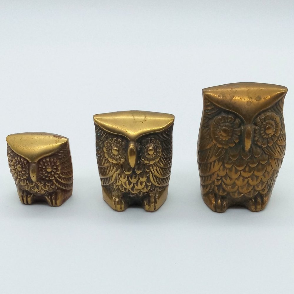 Vintage Leonard Silver Mfg Co Owl Family Trio Graduated Solid Brass Collection